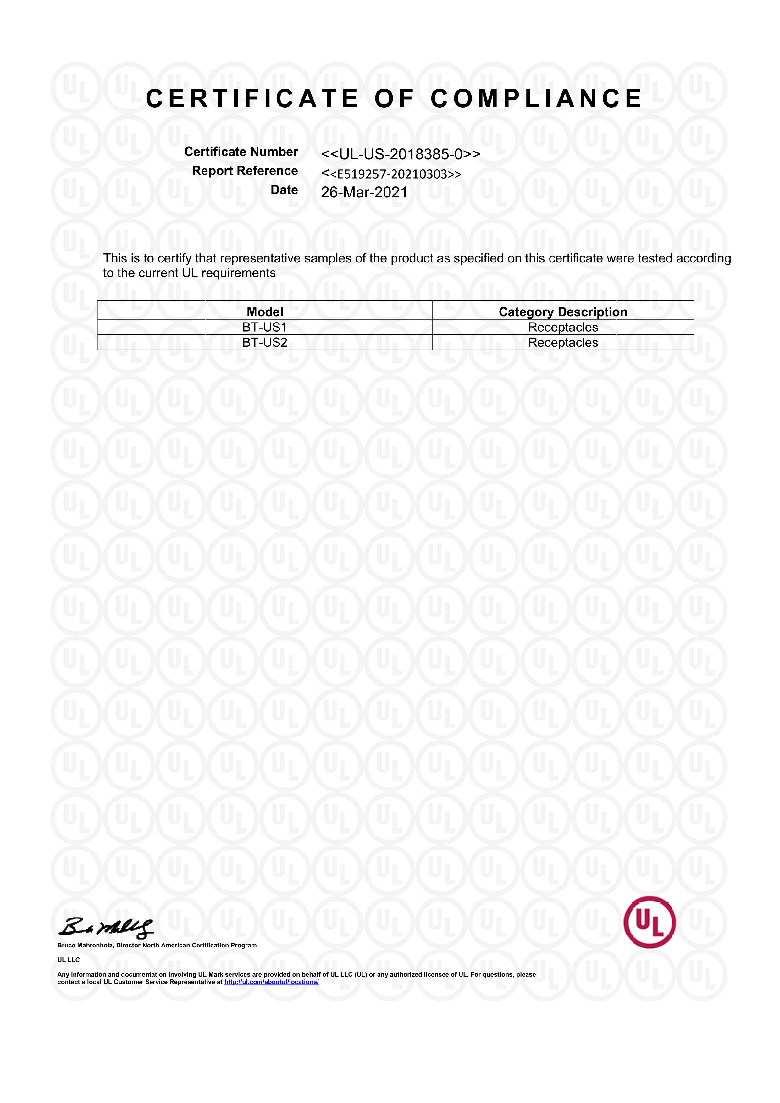 BT-US1 US2 UL認證