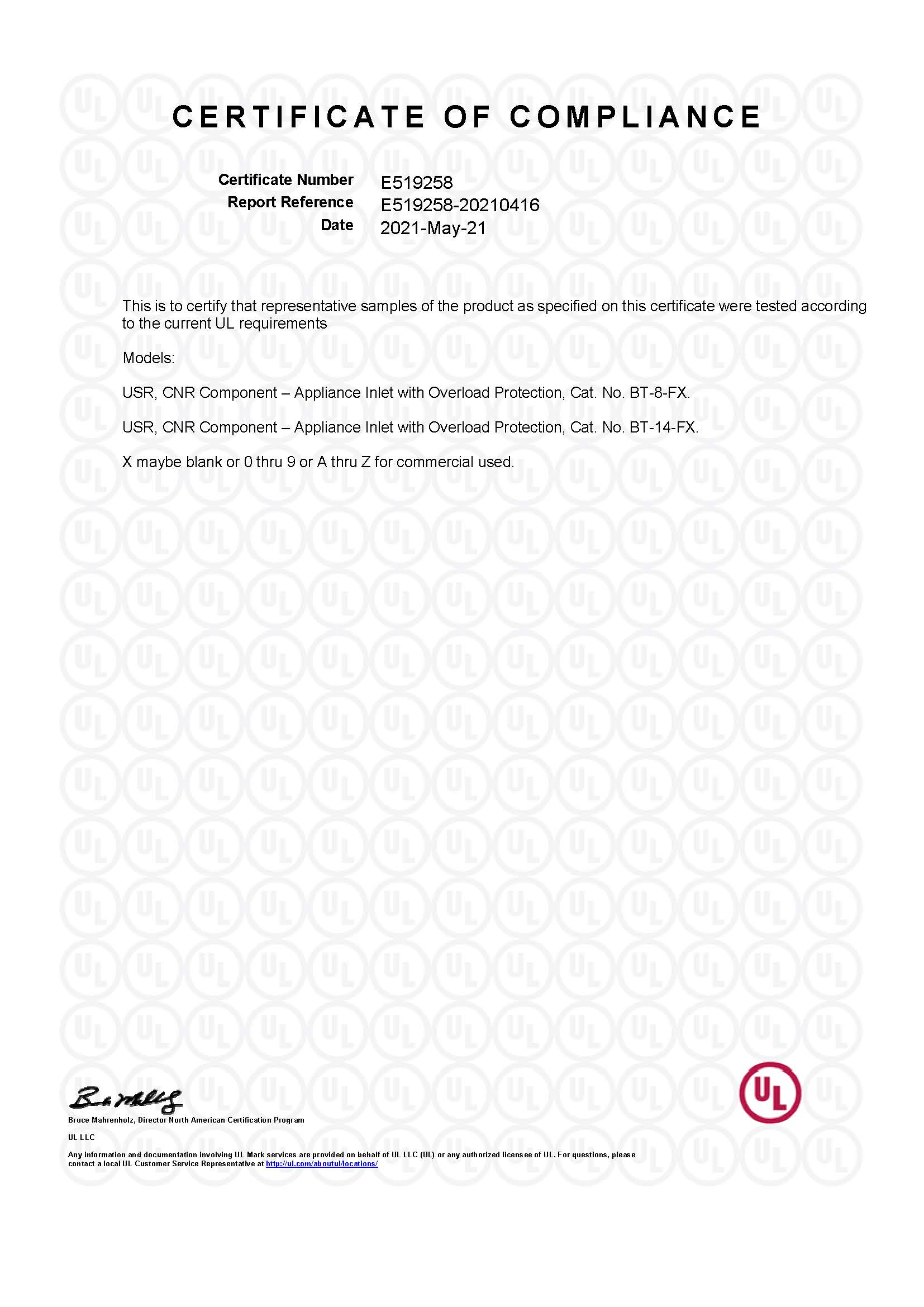 BT-8-FX BT-14-FX係列 UL證書